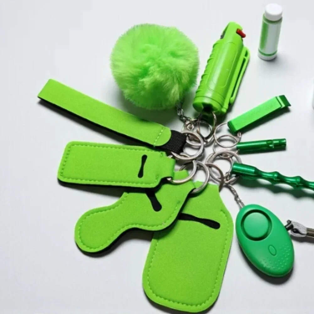 Green Safety Keychain Set - 10pcs Includes Safety Spray